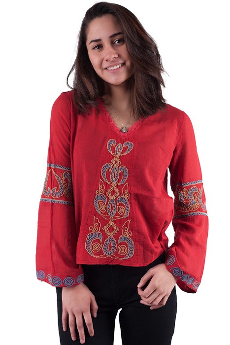 Rote Bluse Gypsy Stil Ethno mit Baumwoll Stickerei