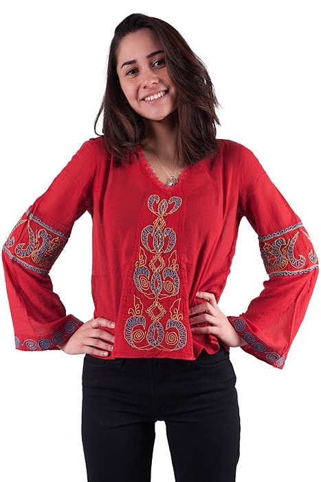 Rote Baumwoll Bluse mit Ethno Gypsy Stickerei Stil