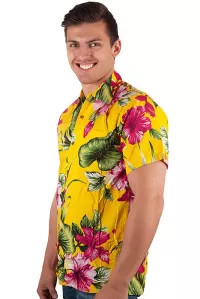 Herren Hawaiihemd Kurzarm mit Blumen Muster gelb pink
