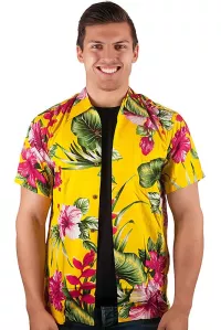 Herren Hawaiihemd Kurzarm mit Blumen Muster gelb pink