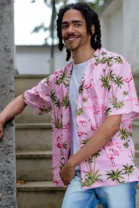 Herren Hawaiihemd Kurzarm mit Flamingo Muster pink