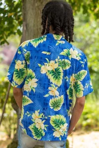 Herren Hawaiihemd Kurzarm mit Blumen Muster blau