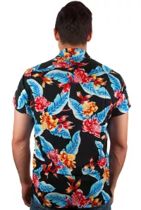 Herren Hawaiihemd Kurzarm mit Blumen Muster schwarz hellblau