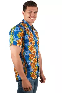 Herren Hawaiihemd Kurzarm mit Blüten Muster blau orange