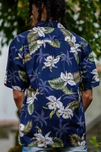 Herren Hawaiihemd Kurzarm mit Blumen Muster navy blau