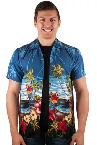Herren Hawaiihemd Kurzarm mit Papageien Muster blau bunt