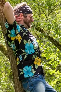 Herren Hawaiihemd Kurzarm mit Blumen Muster schwarz blau gelb