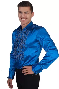 Herren 70er Langarm Rüschenhemd blau glänzend