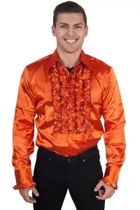 Herren 70er Langarm Rüschenhemd orange glänzend