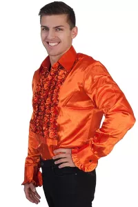 Herren 70er Langarm Rüschenhemd orange glänzend
