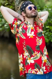 Herren Hawaiihemd Kurzarm mit Blüten Muster rot