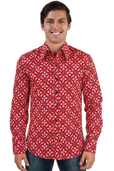 Men's 70s long sleeve shirt with floral pattern red