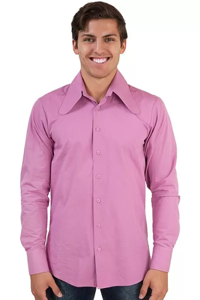 Men's 70s long sleeve shirt with dachshund ear collar pink