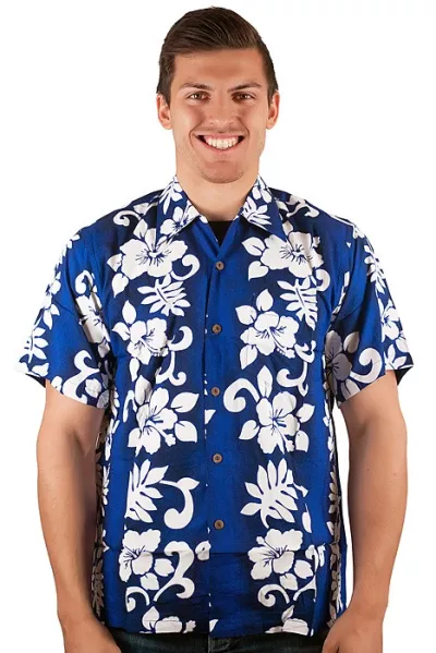 Men's Hawaiian shirt short sleeve with flower pattern blue white