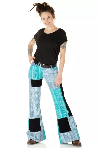 Ladies corduroy flared pants patchwork turquoise gray
