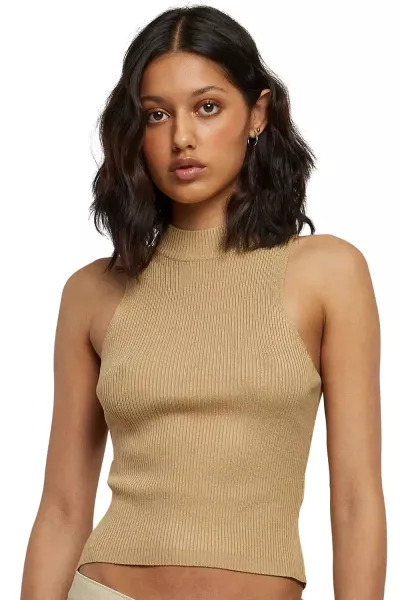 Women's basic top beige rib knit with turtleneck