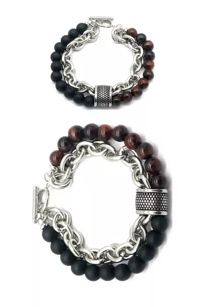 Beaded men's bracelet with stainless steel chain - vintage look