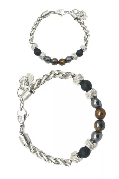 Men's stainless steel bracelet with pearls - Tiger Eye