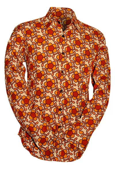 Herren Hippie Langarm Hemd mit Blumenmuster in orange