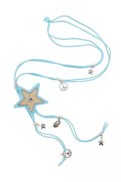Star peace sign boho necklace long light blue