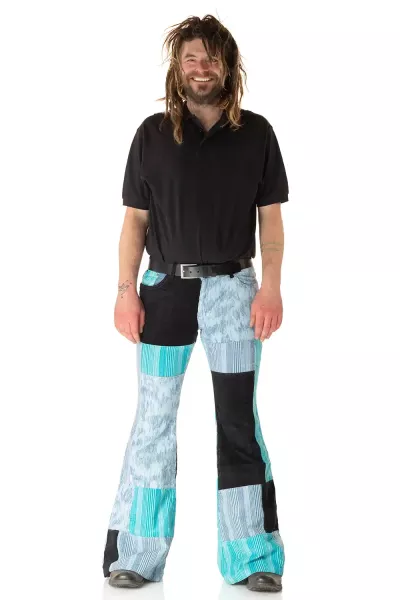 Men's corduroy flared pants patchwork turquoise gray