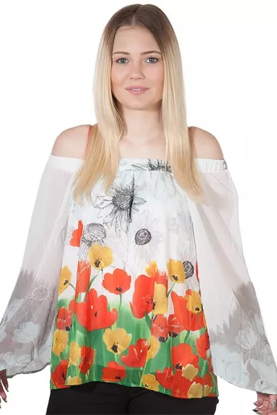 Women's tunic off-the-shoulder white colorful flowered