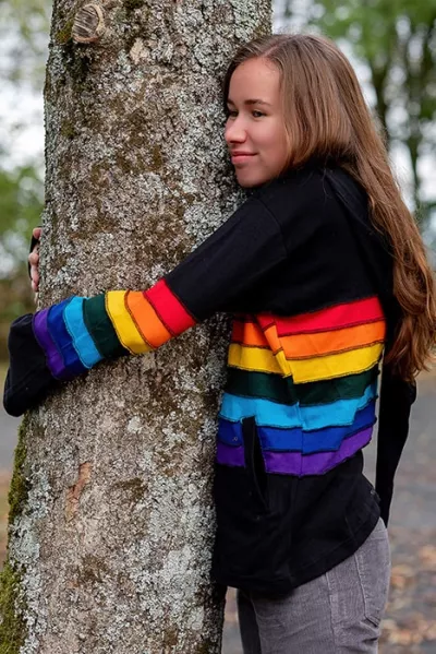 Ladies hooded jacket black colorful stripes