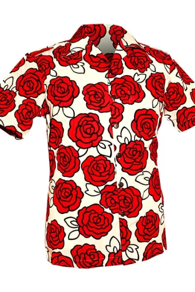 Cream-colored 70s short sleeve shirt roses