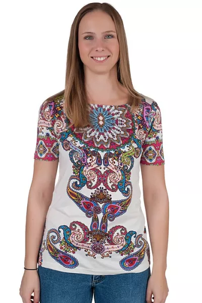 Ladies long sleeve shirt paisley pattern white colorful