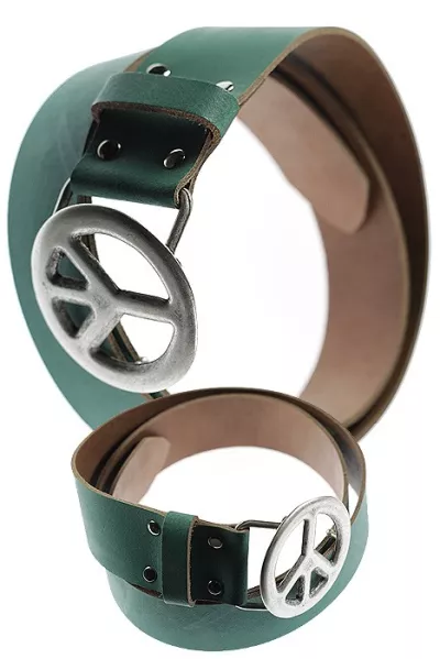 Leather belt green with Peace buckle