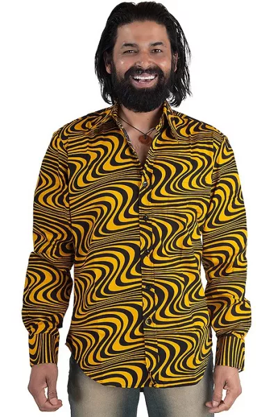 Men's 70s long sleeve shirt with waves pattern yellow black
