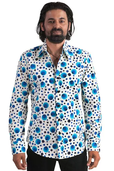 Men's 70s long sleeve shirt dots white blue
