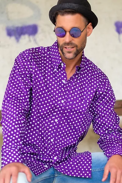 Mens 70s long sleeve shirt polka dots purple white
